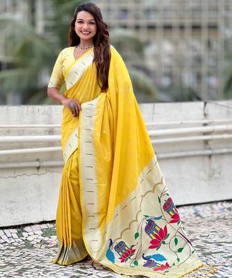 Yellow paithani silk blend woven ceremonial partywear saree 1