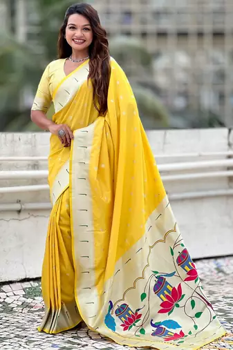 Yellow color paithani silk woven designer ceremonial partywear saree