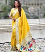 Yellow color paithani silk woven designer ceremonial partywear saree
