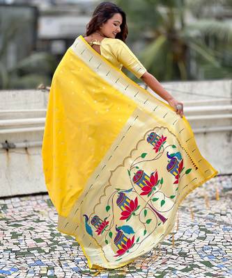 Yellow paithani silk blend woven ceremonial partywear saree 2