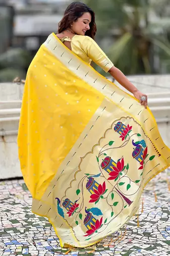 Yellow paithani silk blend woven ceremonial partywear saree