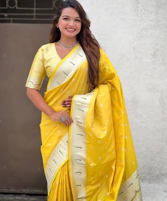 Yellow paithani silk blend woven ceremonial partywear saree 3