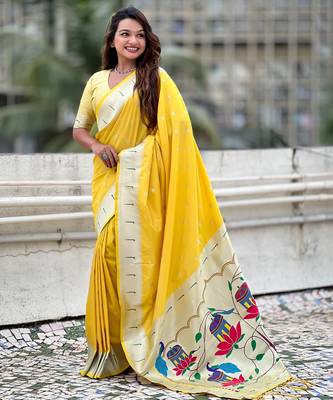 Yellow paithani silk blend woven ceremonial partywear saree 4