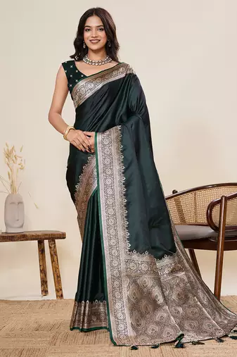 Green color beautiful satin silk fabric traditional woven designer saree