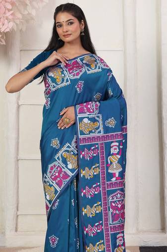 Teal blue color silk blended woven designer graceful ceremonial saree
