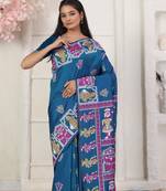 Teal blue color silk blended woven graceful ceremonial saree
