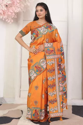 Orange color silk blended woven designer graceful ceremonial saree