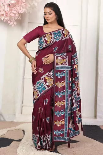 Wine color silk blended woven designer graceful ceremonial saree