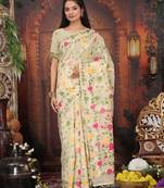 Cream color linen cotton fabric woven partywear saree