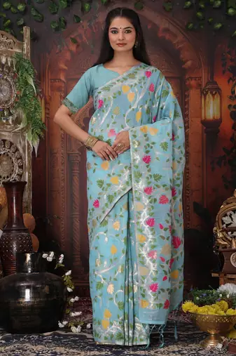 Sky blue color linen cotton fabric woven designer partywear saree