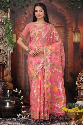 Pink color linen cotton fabric woven designer partywear saree
