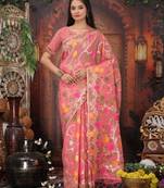 Pink color linen cotton fabric woven partywear saree