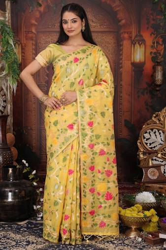 Yellow color linen cotton fabric woven designer partywear saree