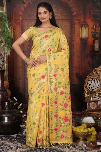 Yellow color linen cotton fabric woven designer partywear saree