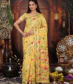 Yellow color linen cotton fabric woven partywear saree