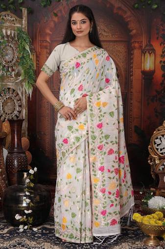 Off white color linen cotton fabric woven designer partywear saree