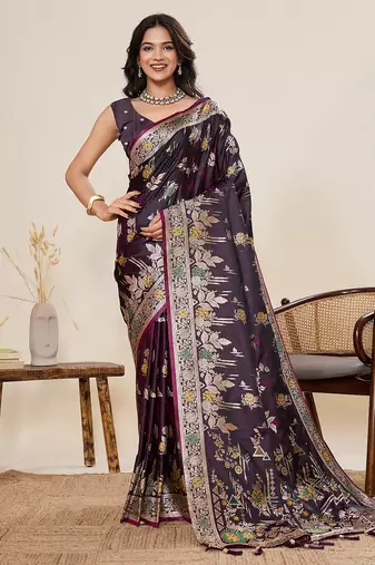 Purple color two tone satin silk wevon jari meenakari designer ceremonial rich looks saree