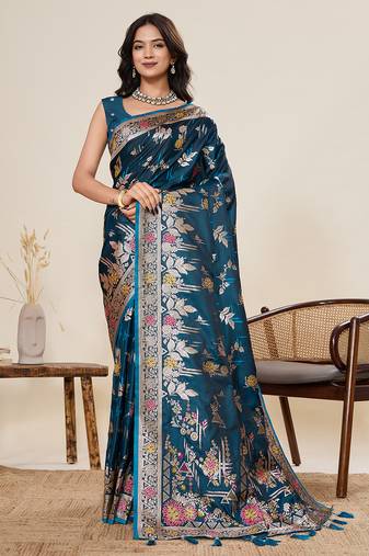 Teal color two tone satin silk wevon jari meenakari designer ceremonial rich looks saree