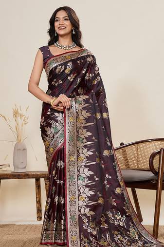 Wine color two tone satin silk wevon jari meenakari designer ceremonial rich looks saree