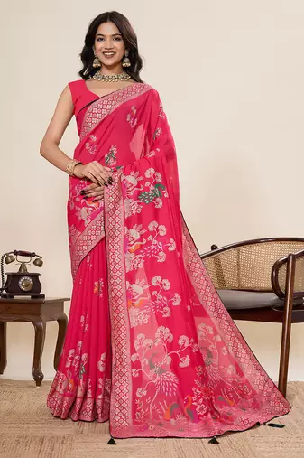 Pink color blended cotton fabric designer table printed saree