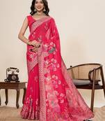 Pink color blended cotton fabric designer table printed saree