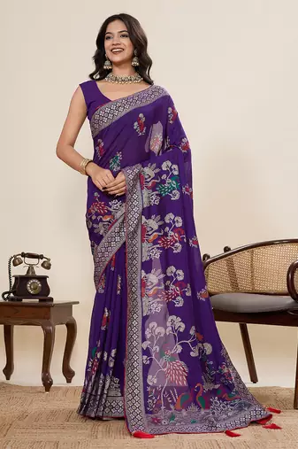 Violet color blended cotton fabric designer table printed saree