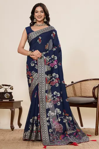 Blue color blended cotton fabric designer table printed saree