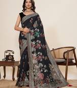 Black color blended cotton fabric designer table printed saree