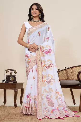 White color blended cotton fabric designer table printed saree