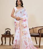 White color blended cotton fabric designer table printed saree