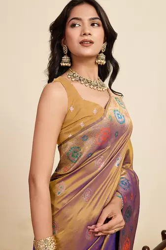 Gold soft silk blend saree ethnic indian looks