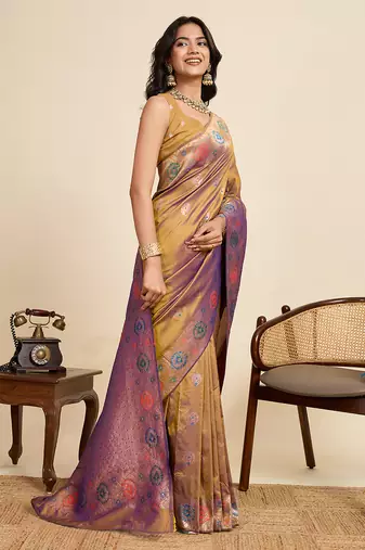 Gold soft silk blend saree ethnic indian looks