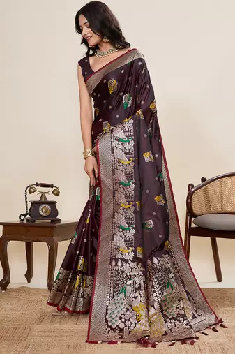 Brown two tone satin silk blend saree rich sophisticated looks