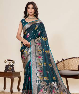 Teal two tone satin silk blend saree rich sophisticated looks 1