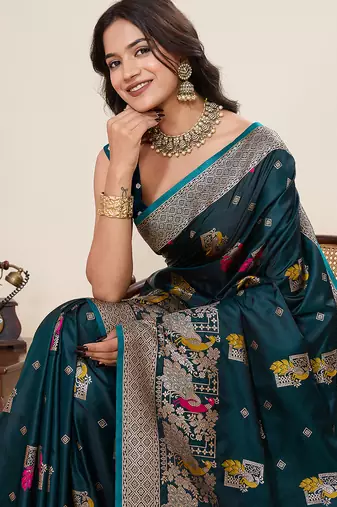 Teal two tone satin silk blend saree rich sophisticated looks