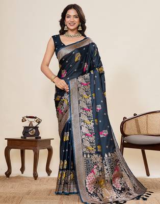 Blue two tone satin silk blend saree rich sophisticated looks 1