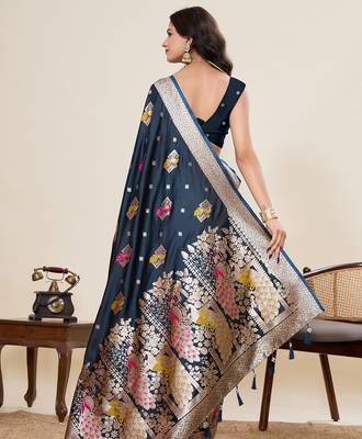 Blue two tone satin silk blend saree rich sophisticated looks 2
