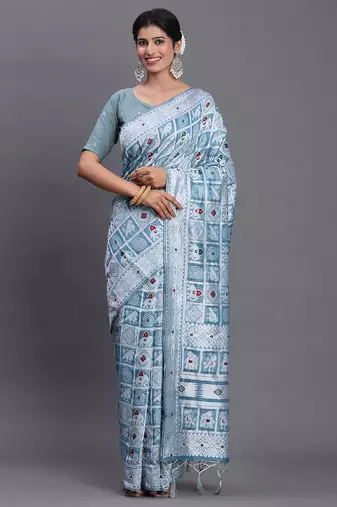 Sky blue color beautiful woven designer linen cotton saree