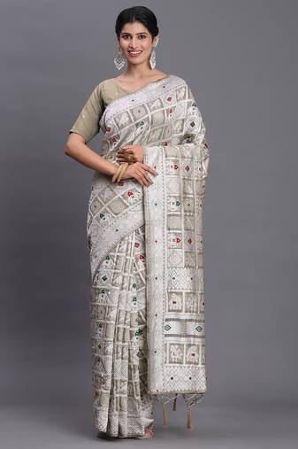 Beige color beautiful woven designer linen cotton saree