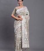 Beige color beautiful woven designer linen cotton saree