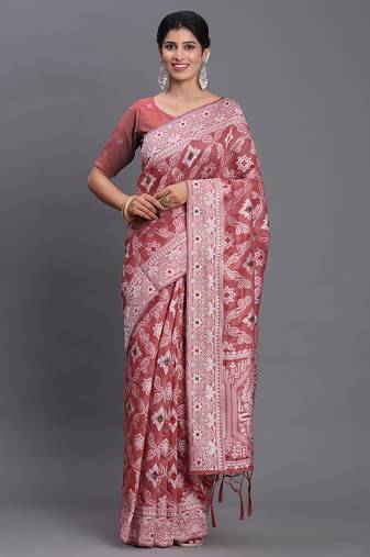 Peach color beautiful woven designer linen cotton saree