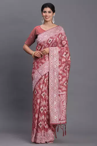 Peach color beautiful woven designer linen cotton saree