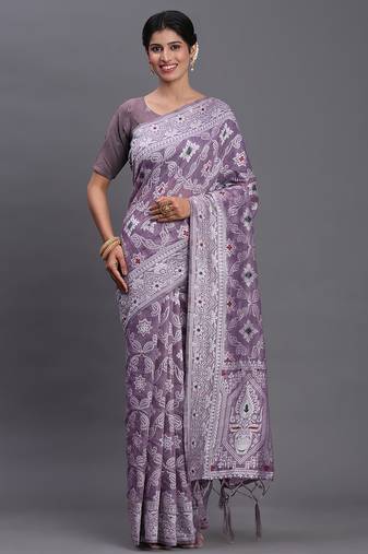 Violet color beautiful woven designer linen cotton saree