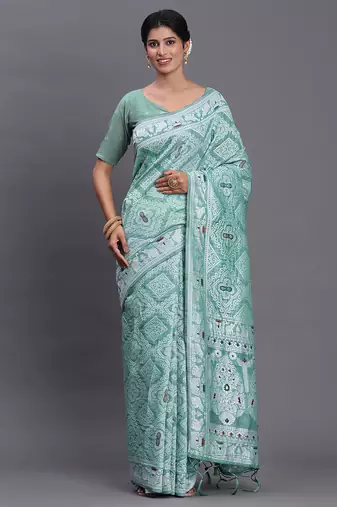 Sea green color beautiful woven designer linen cotton saree
