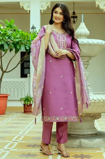 Women Beautiful Embroidery Viscose Chanderi Silk with Straight Kurta Pant and Dupatta Set