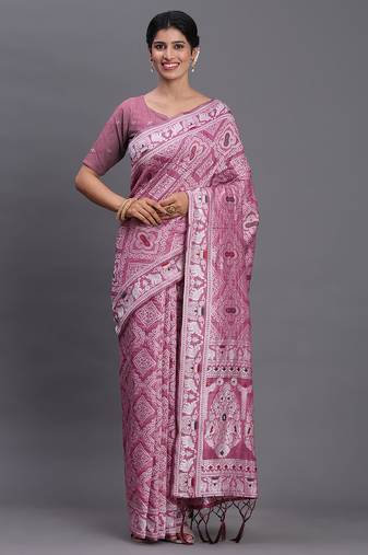 Purple color beautiful woven designer linen cotton saree