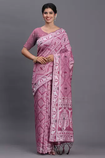 Purple color beautiful woven designer linen cotton saree
