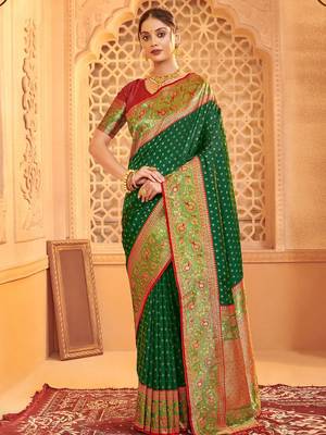 Dark green heavy woven silk blend saree ceremonial looks 1