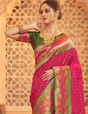 Dark pink heavy woven silk blend saree ceremonial looks 2