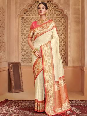 Off white heavy woven silk blend saree ceremonial looks 1